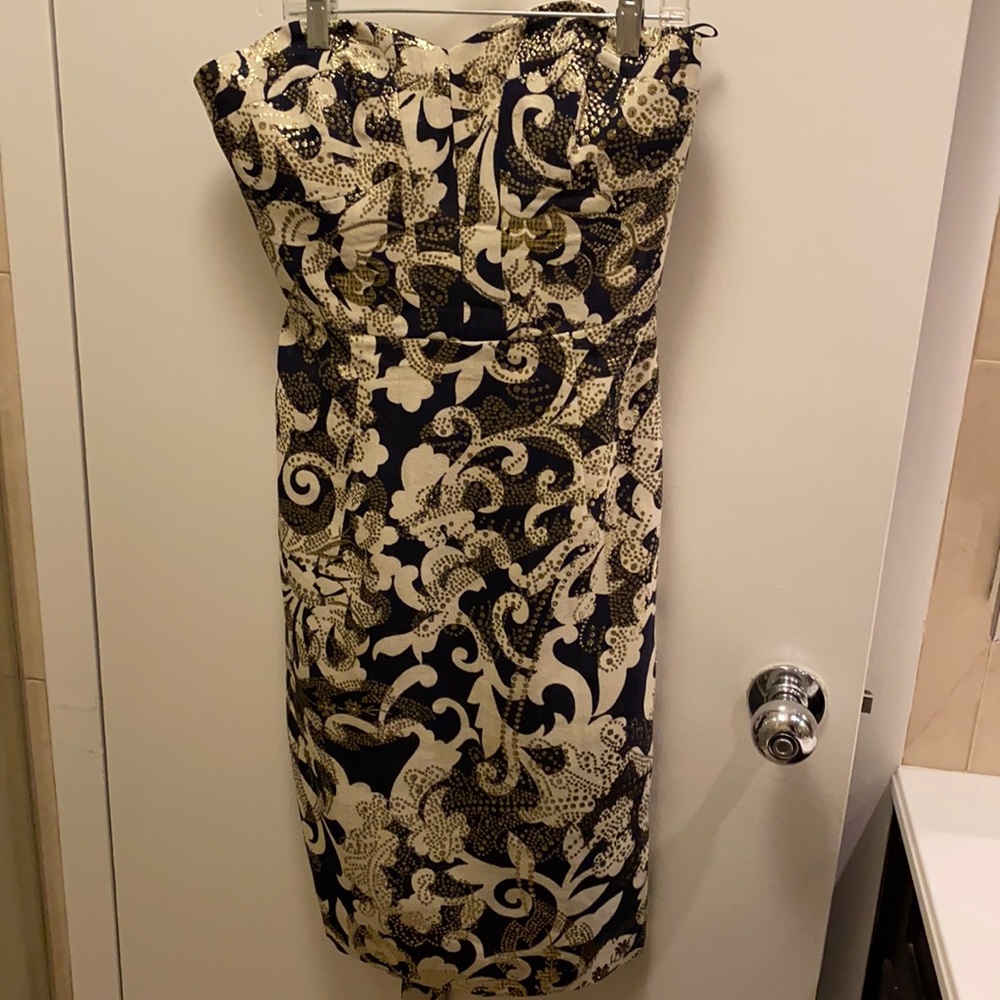 Milly party navy white gold sheath strapless dress